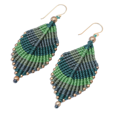 Macrame dangle earrings, 'Boho Leaves in Green' - Green Leaf Waxed Cord Macrame Dangle Earrings