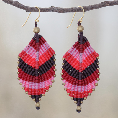 Macrame dangle earrings, 'Boho Leaves in Pink' - Pink Leaf Waxed Cord Macrame Dangle Earrings