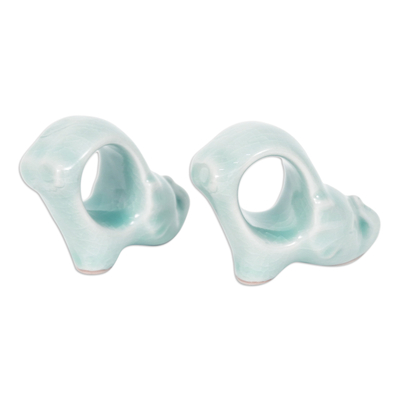 Celadon ceramic napkin rings, 'Grand Blue Elegance' (pair) - Elephant-Themed Blue Celadon Ceramic Napkin Rings (Pair)