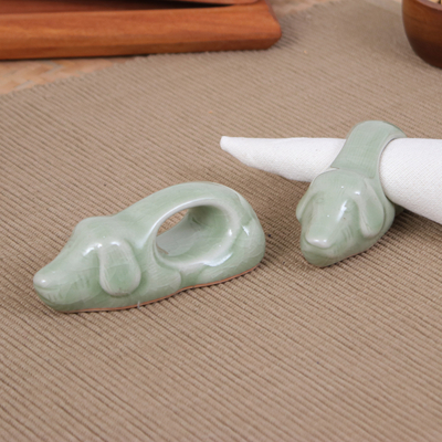 Celadon ceramic napkin rings, 'Perennial Grandeur' (pair) - Dog-Themed Green Celadon Ceramic Napkin Rings (Pair)