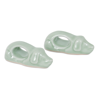Celadon ceramic napkin rings, 'Perennial Grandeur' (pair) - Dog-Themed Green Celadon Ceramic Napkin Rings (Pair)