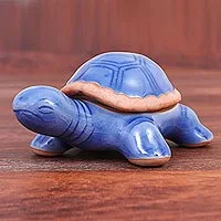 Celadon ceramic decorative box, 'Blue Turtle' - Handmade Celadon Ceramic Turtle Decorative Box