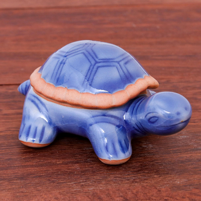Ceramic decorative box, 'Blue Turtle' - Handmade Celadon Ceramic Turtle Decorative Box