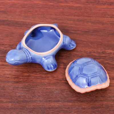 Celadon ceramic decorative box, 'Blue Turtle' - Handmade Celadon Ceramic Turtle Decorative Box
