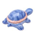 Celadon ceramic decorative box, 'Blue Turtle' - Handmade Celadon Ceramic Turtle Decorative Box
