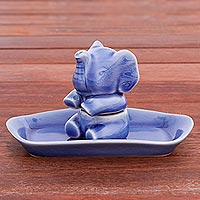 Salt and pepper set, 'Magic Elephant in Blue' (3 pieces) - Blue Celadon Elephant Salt and Pepper Set (3 Pieces)