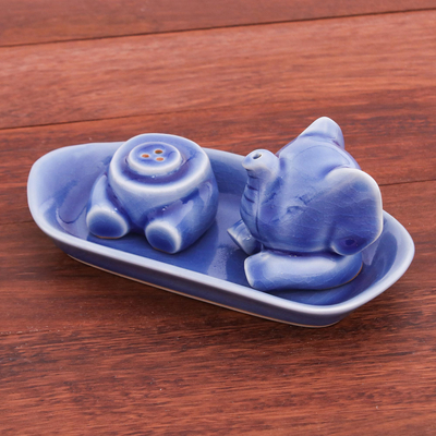 Juego de sal y pimienta, (3 piezas) - Set de Sal y Pimienta Elefante Celadon Azul (3 Piezas)