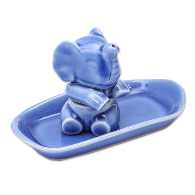 Salt and pepper set, 'Magic Elephant in Blue' (3 pieces) - Blue Celadon Elephant Salt and Pepper Set (3 Pieces)