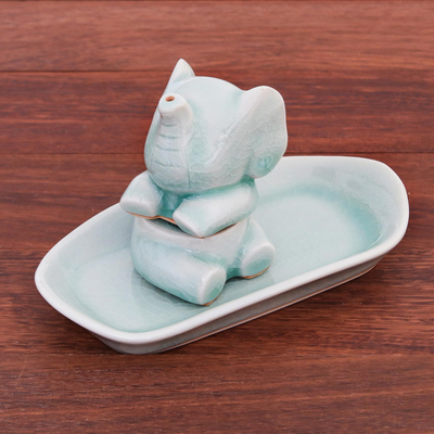 NOVICA Handmade Round Elephants in Blue Ceramic Salt and Pepper Shakers (Pair) - 2 Piece