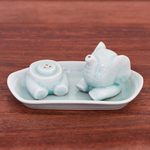 Salt and pepper set, 'Magic Elephant in Aqua' (3 pieces) - Celadon Elephant Salt and Pepper Set in Aqua (3 Pieces)