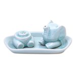 Salt and pepper set, 'Magic Elephant in Aqua' (3 pieces) - Celadon Elephant Salt and Pepper Set in Aqua (3 Pieces)
