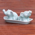 Celadon ceramic salt and pepper set, 'Cheeky Elephants in Aqua' (3 pieces) - Elephant Salt and Pepper Set in Aqua Celadon (3 Pieces)
