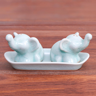Celadon ceramic salt and pepper set, 'Cheeky Elephants in Aqua' (3 pieces) - Elephant Salt and Pepper Set in Aqua Celadon (3 Pieces)