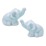 Celadon ceramic salt and pepper set, 'Cheeky Elephants in Aqua' (3 pieces) - Elephant Salt and Pepper Set in Aqua Celadon (3 Pieces)