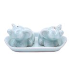 Celadon ceramic salt and pepper set, 'Cheeky Elephants in Aqua' (3 pieces) - Elephant Salt and Pepper Set in Aqua Celadon (3 Pieces)