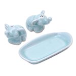 Celadon ceramic salt and pepper set, 'Cheeky Elephants in Aqua' (3 pieces) - Elephant Salt and Pepper Set in Aqua Celadon (3 Pieces)