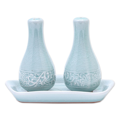 Celadon ceramic salt and pepper set, 'Thai Spring' (3 pieces) - Aqua Celadon Salt and Pepper Set