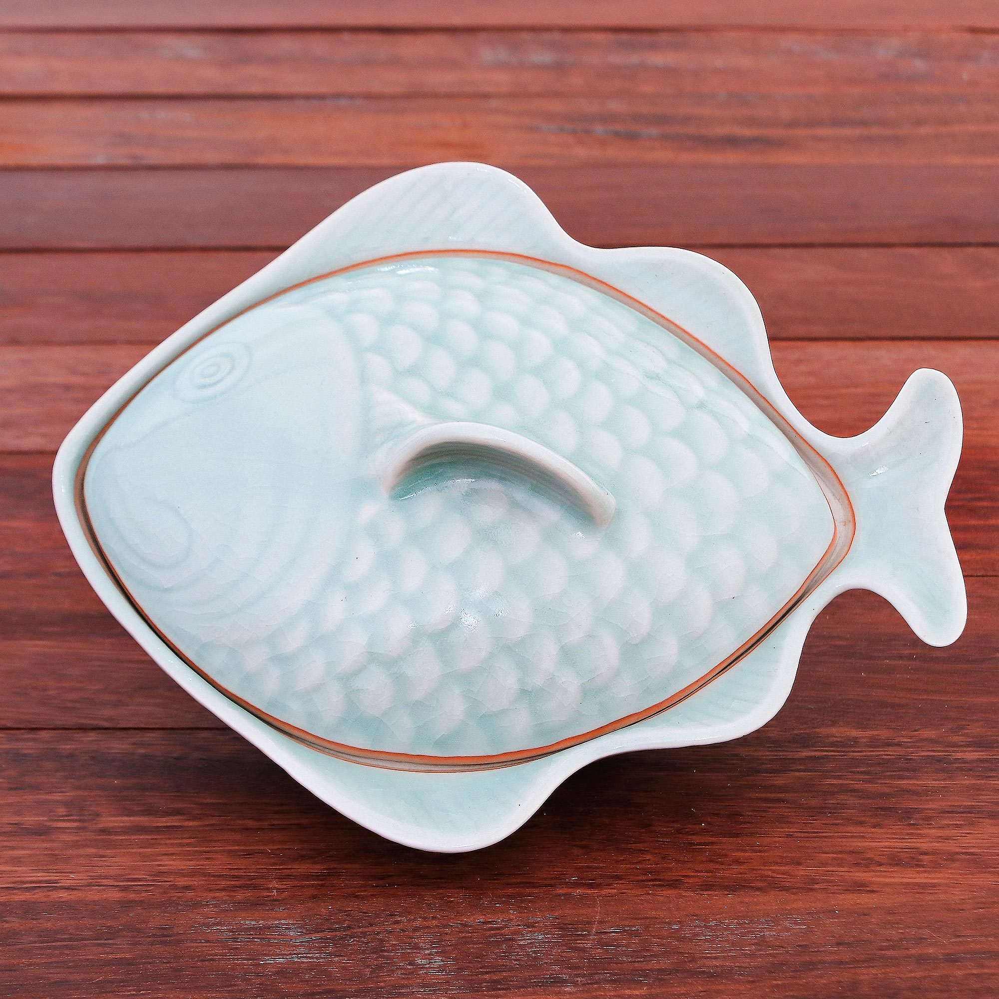 Aqua Celadon Ceramic FishShaped Lidded Bowl Fish Dish in Aqua NOVICA