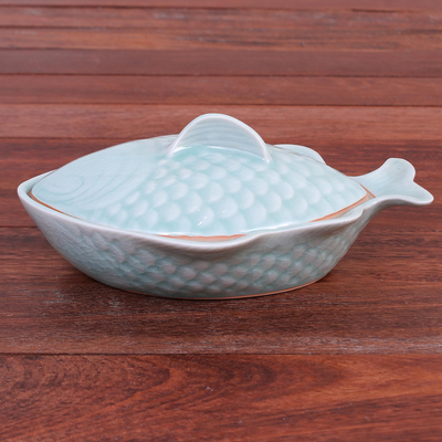 Cuenco con tapa de cerámica Celadon - Cuenco con tapa en forma de pez de cerámica Aqua celadon