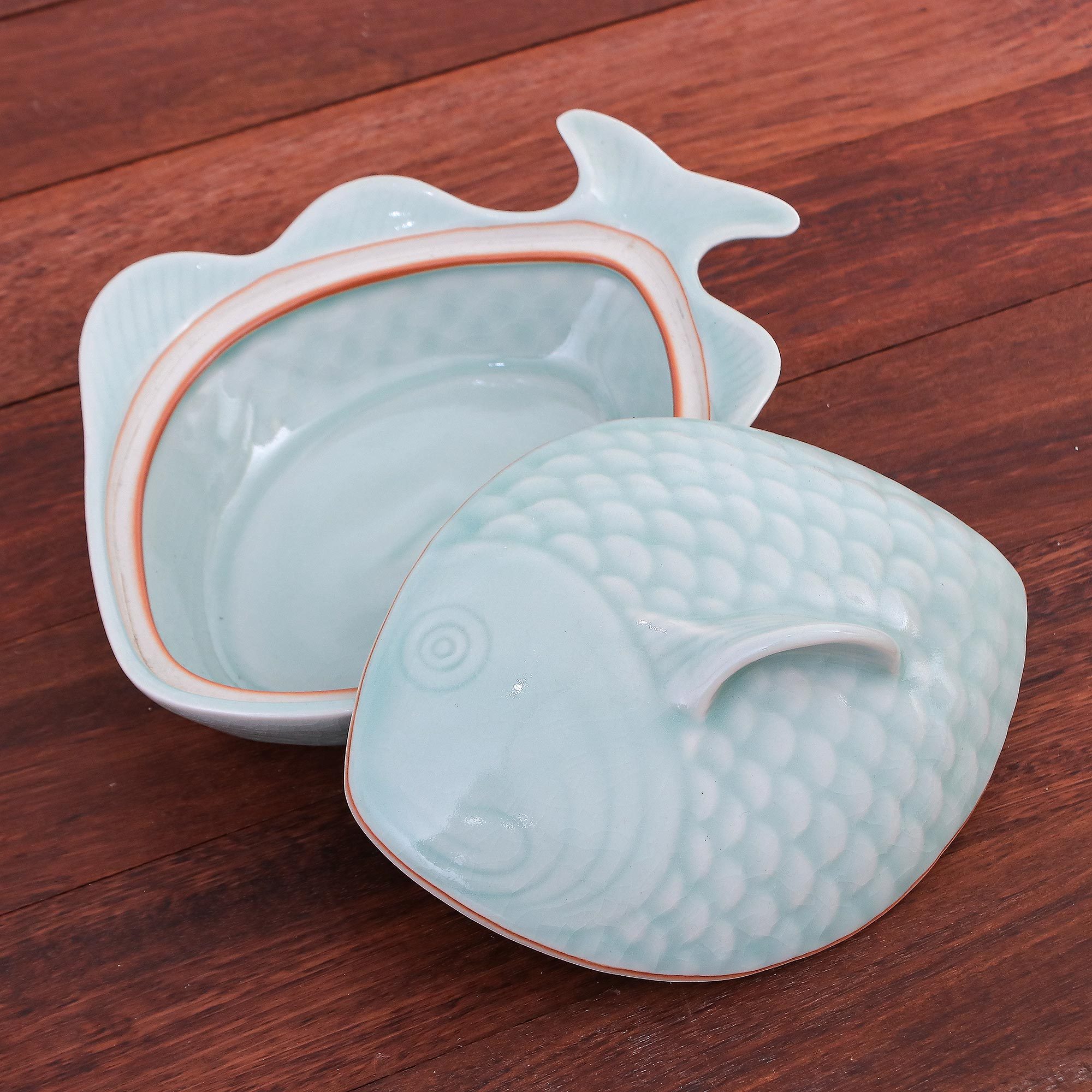 Aqua Celadon Ceramic FishShaped Lidded Bowl Fish Dish in Aqua NOVICA