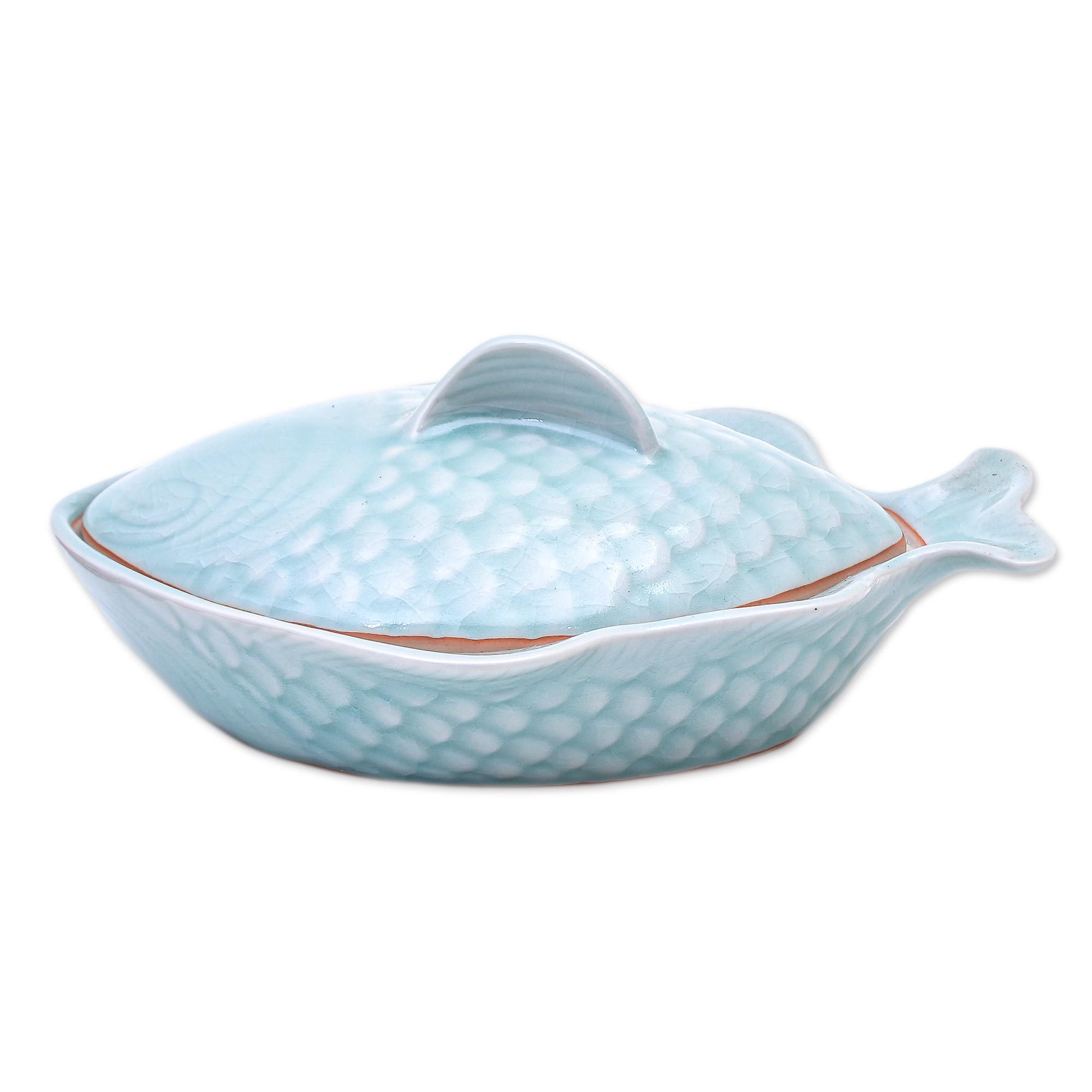 Aqua Celadon Ceramic FishShaped Lidded Bowl Fish Dish in Aqua NOVICA