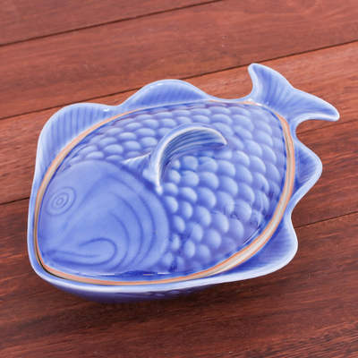 Cuenco con tapa de cerámica Celadon - Recipiente en forma de pez de cerámica Celadon apto para alimentos con tapa