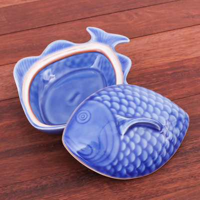 Celadon ceramic lidded bowl, 'Fish Dish in Blue' - Food-Safe Celadon Ceramic Fish Shaped Bowl with Lid