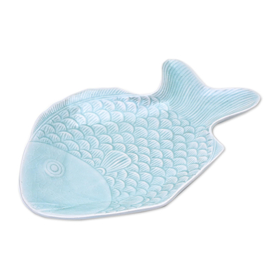 Plato para servir pescado de cerámica Celadon - Plato para servir pescado de cerámica celadón aguamarina