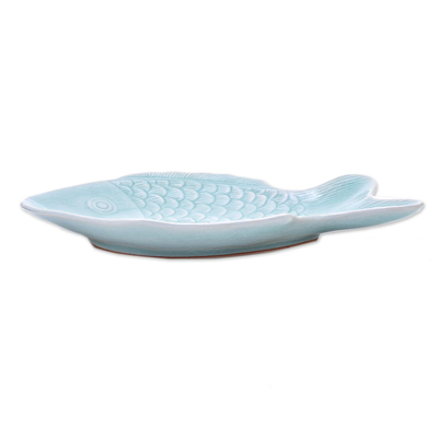 Celadon ceramic serving plate, 'Mae Ping Fish in Aqua' - Aqua Celadon Ceramic Fish Serving Plate