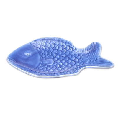 Celadon ceramic serving plate, 'Mae Ping Fish in Blue' - Blue Celadon Ceramic Fish Serving Plate