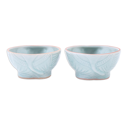 Cuencos de cerámica Celadon, (par) - Cuencos de celadón con motivo de elefante agua (par)