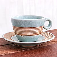 Celadon ceramic cup and saucer, Aqua Oasis