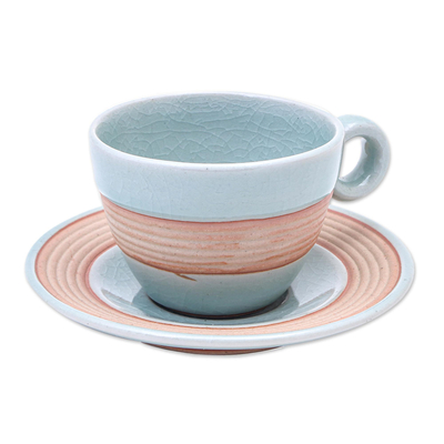 Celadon ceramic cup and saucer, 'Aqua Oasis' - Aqua Celadon Cup and Saucer Set