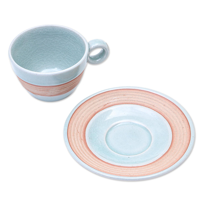 Celadon ceramic cup and saucer, 'Aqua Oasis' - Aqua Celadon Cup and Saucer Set