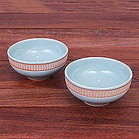 Cuencos de cerámica Celadon, 'Warm Springs' (par) - Cuencos de cerámica Aqua Celadon (Par)