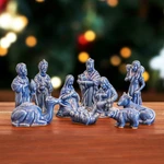 Celadon ceramic nativity scene, 'Holy Night in Blue' (10 pieces) - Blue Celadon Ceramic 10-Piece Nativity Scene