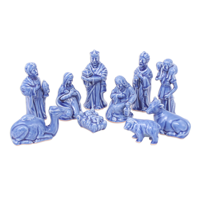 Blue Celadon Ceramic 10-Piece Nativity Scene