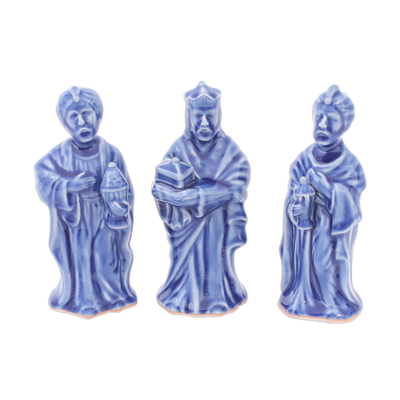 Celadon ceramic nativity scene, 'Holy Night in Blue' (10 pieces) - Blue Celadon Ceramic 10-Piece Nativity Scene