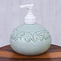 Hand Crafted Celadon Ceramic Soap Dispenser,'Elephant Bath'