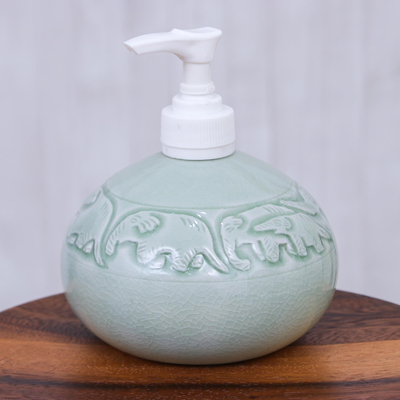 Celadon ceramic soap dispenser, 'Elephant Bath' - Hand Crafted Celadon Ceramic Soap Dispenser