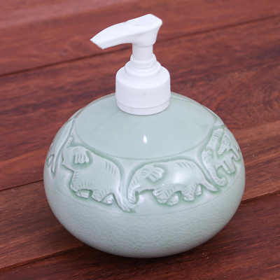 Celadon ceramic soap dispenser, 'Elephant Bath' - Hand Crafted Celadon Ceramic Soap Dispenser
