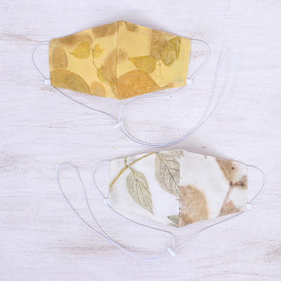 Eco-printed cotton face masks, 'Falling Leaves' (pair) - Eco-Printed Reusable Cotton Face Masks (Pair)