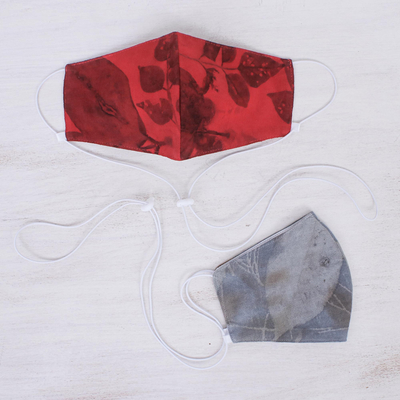 Eco-printed cotton face masks, 'Drifting Leaves' (pair) - Unique Eco-Printed Red and Grey Cotton Face Masks (Pair)