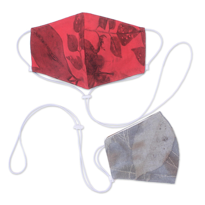 Eco-printed cotton face masks, 'Drifting Leaves' (pair) - Unique Eco-Printed Red and Grey Cotton Face Masks (Pair)