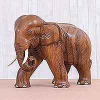 Hand Carved Raintree Wood Elephant Statuette,'Gentle Elephant'