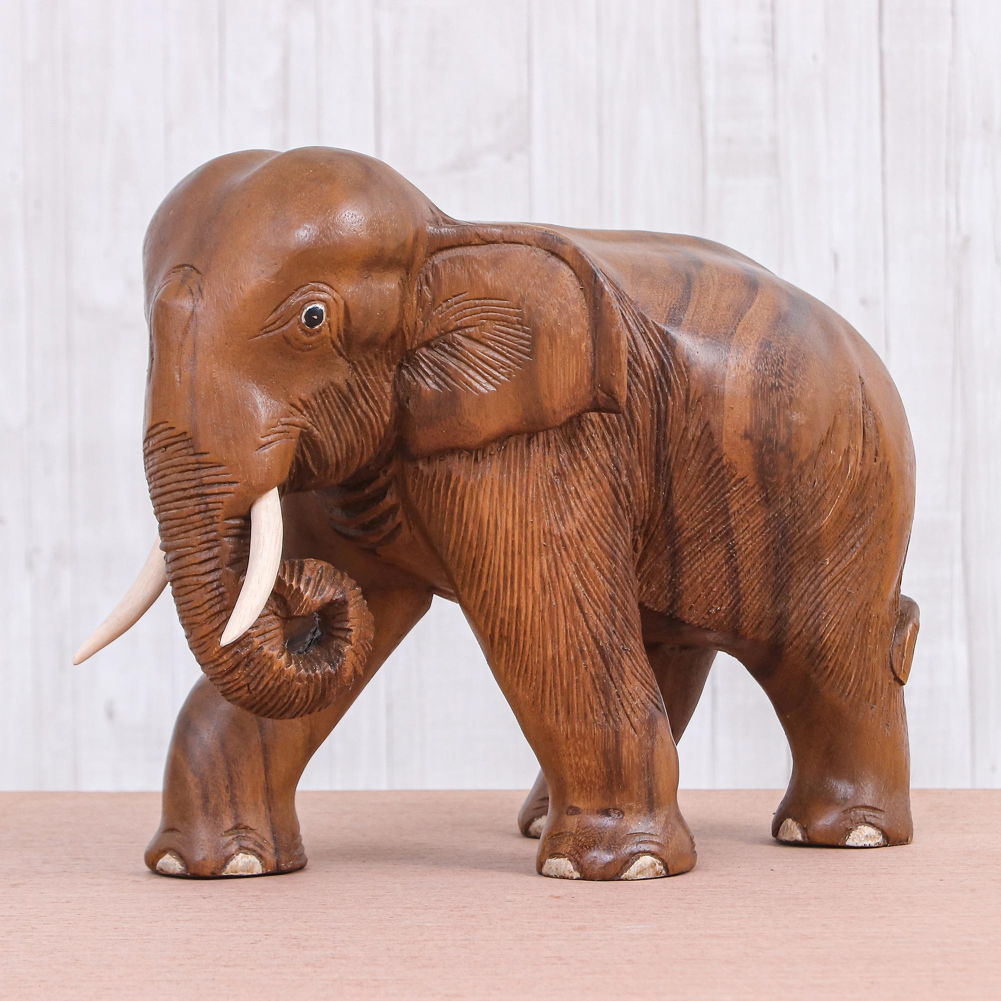 Elephant Wood Carving Ornament FairTrade Craft Hand Carved Elephants White Gold 
