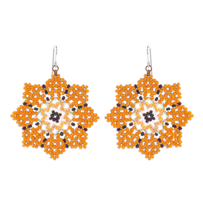 Glass beaded dangle earrings, 'Floral Geometry in Orange' - Glass Seed Bead Geometric Floral Dangle Earrings