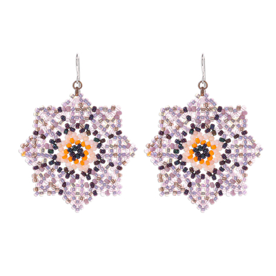 Glass beaded dangle earrings, 'Floral Geometry in Purple' - Glass Seed Bead Geometric Floral Dangle Earrings