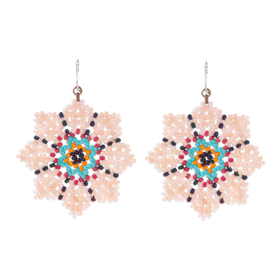 Glass beaded dangle earrings, 'Floral Geometry in Cream' - Glass Seed Bead Geometric Floral Dangle Earrings