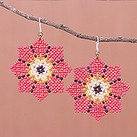 Glass beaded dangle earrings, 'Floral Geometry in Rose' - Glass Seed Bead Geometric Floral Dangle Earrings